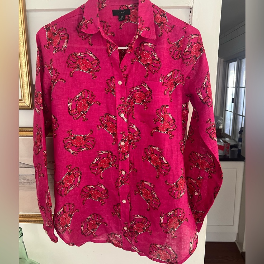 Women’s JCrew Shirt in Pink Ratti King Crab Print 100% Linen Size 00